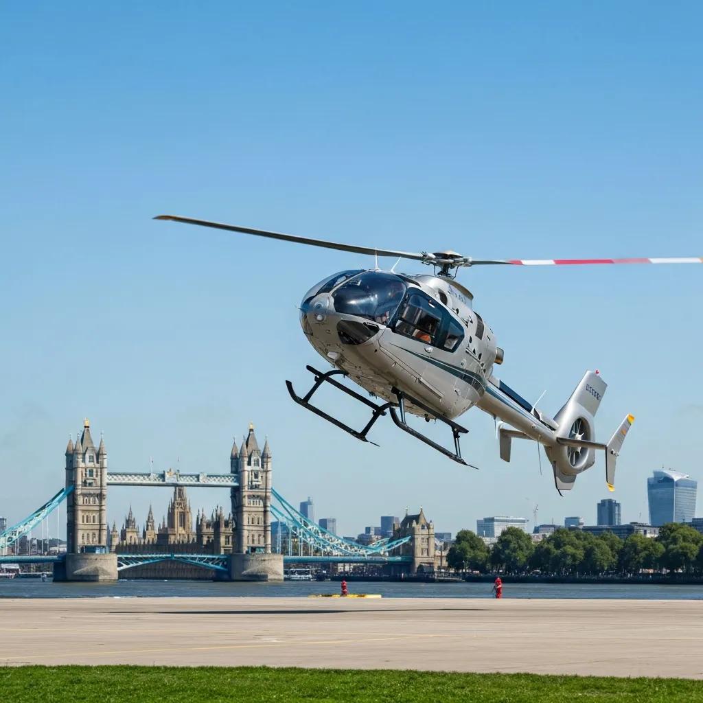 Charter-a ltd luxury helicopter taking off from battersea heliport with london skyline