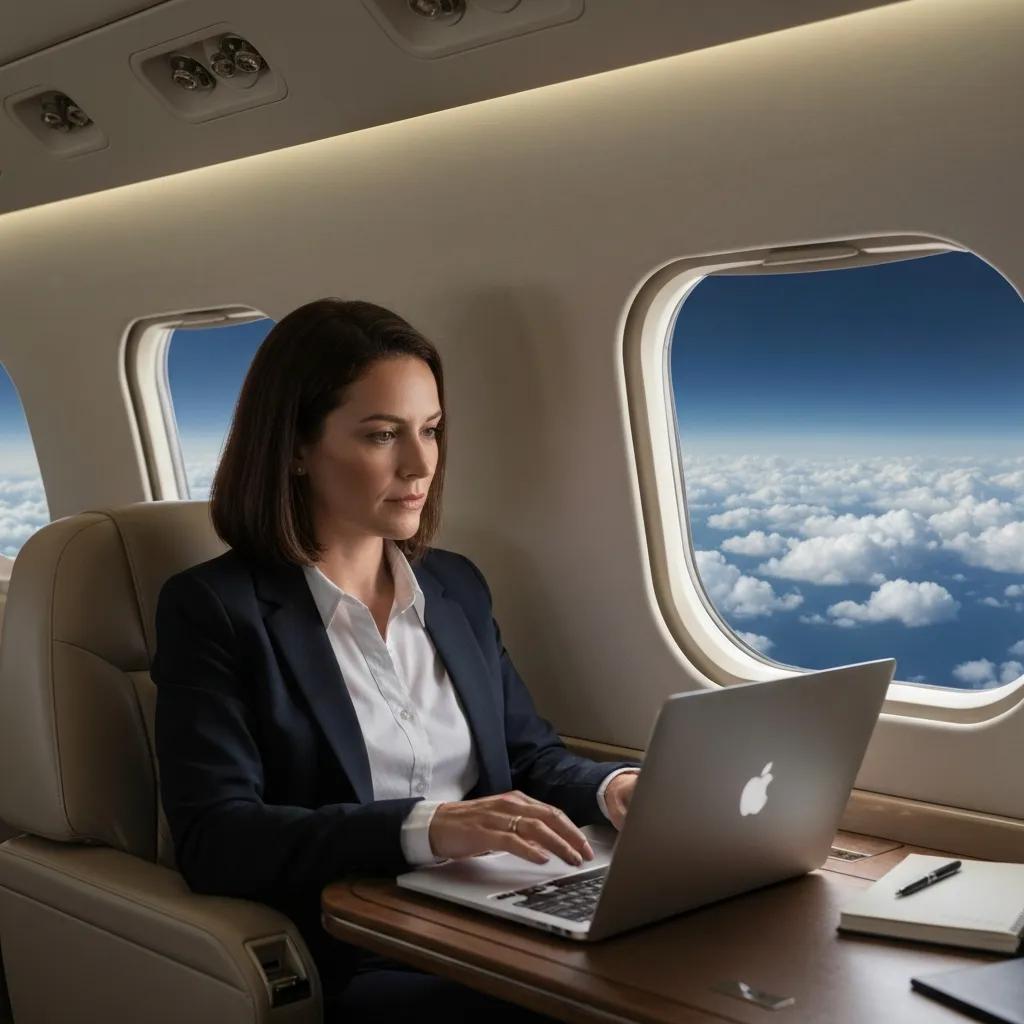 Charter-a ltd business professional working on a laptop in a private jet, illustrating productivity during air travel