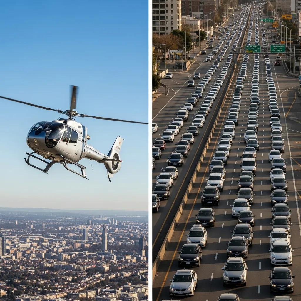 Charter-a ltd comparison of helicopter in flight above congested road traffic