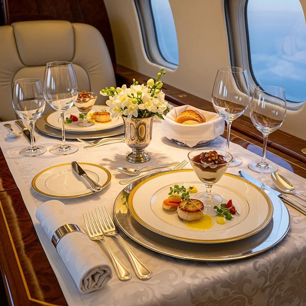 Charter-a ltd elegant in‑flight dining inside a private jet, highlighting luxury and discretion