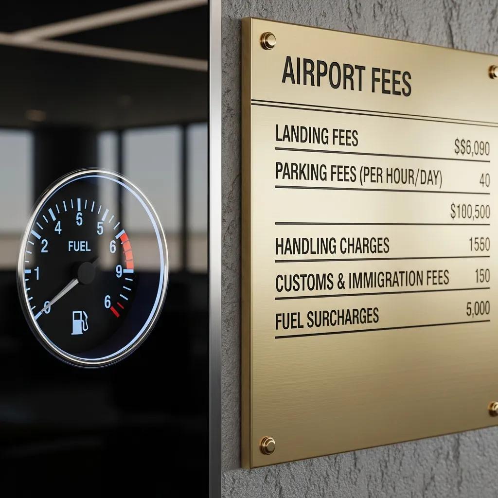 Charter-a ltd fuel gauge and airport fee signage illustrating cost factors in private jet hire