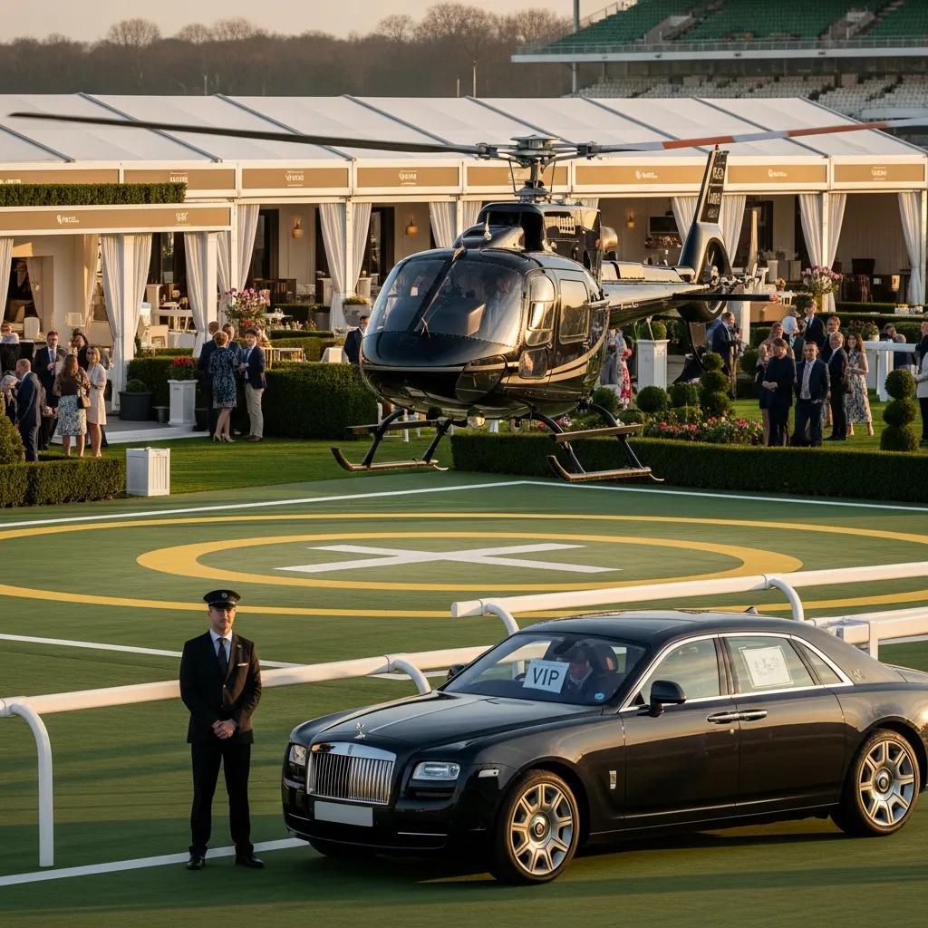 Charter-a ltd helicopter landing at cheltenham racecourse with chauffeur waiting