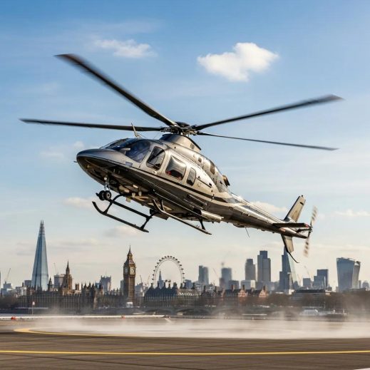 Charter-a ltd helicopter taking off from battersea heliport with london skyline in the background