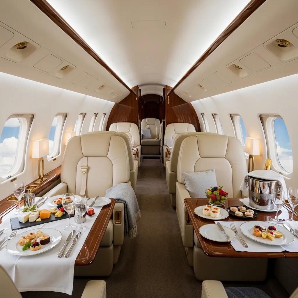 Charter-a ltd interior of a luxurious private jet cabin highlighting comfort and privacy features