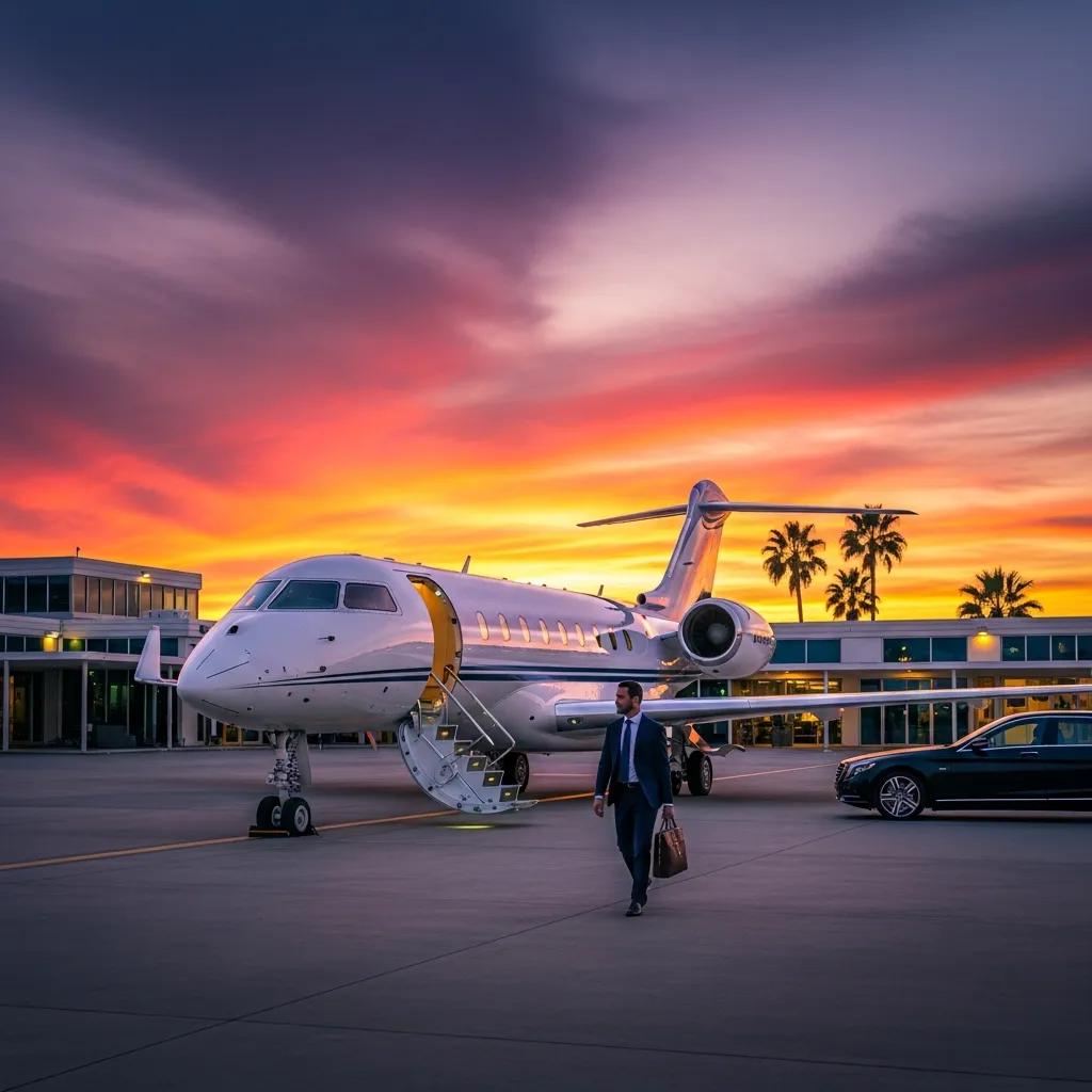 Charter-a ltd luxurious private jet at sunset, symbolizing exclusive travel options