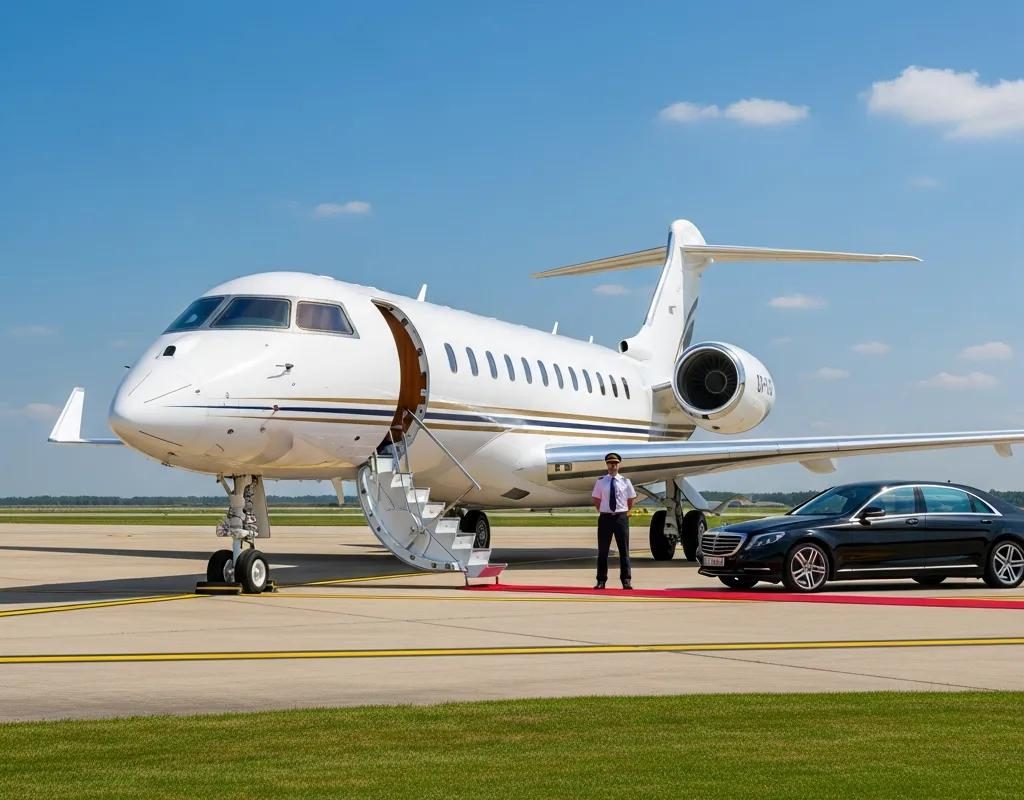 Luxurious private jet on tarmac representing exclusive air travel options