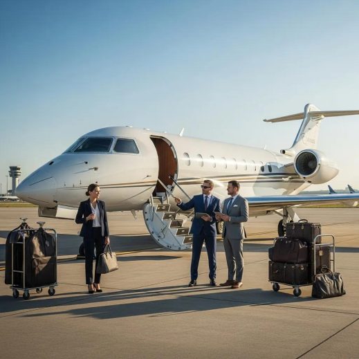 Charter-a ltd luxurious private jet on tarmac with business professionals discussing travel plans