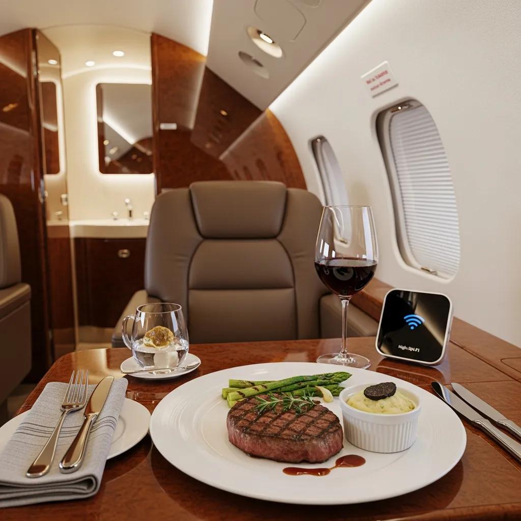 Charter-a ltd luxury amenities inside a super midsize jet, featuring gourmet catering, wi-fi, and private lavatory