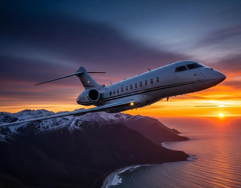 Luxury private jet soaring over a picturesque landscape at sunset
