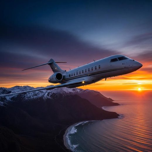 Charter-a ltd luxury private jet soaring over a picturesque landscape at sunset