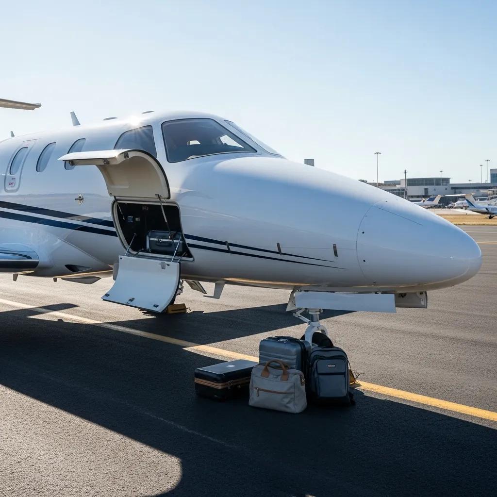 light-jet-on-runway-with-compact-luggage-compartment-and-bags-fbf53c86-bdd4-4206-82b7-f3938e1e492awebp ► Charter-A Ltd Charter-a ltd light private jet parked, illustrating compact luggage capacity