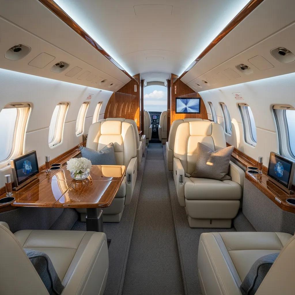 Charter-a ltd luxurious interior of a midsize jet cabin highlighting comfort and amenities
