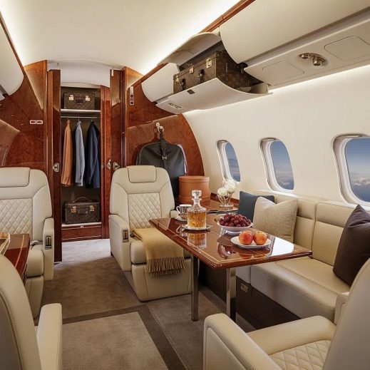 Charter-a ltd luxurious private jet interior with spacious luggage storage and stylish bags