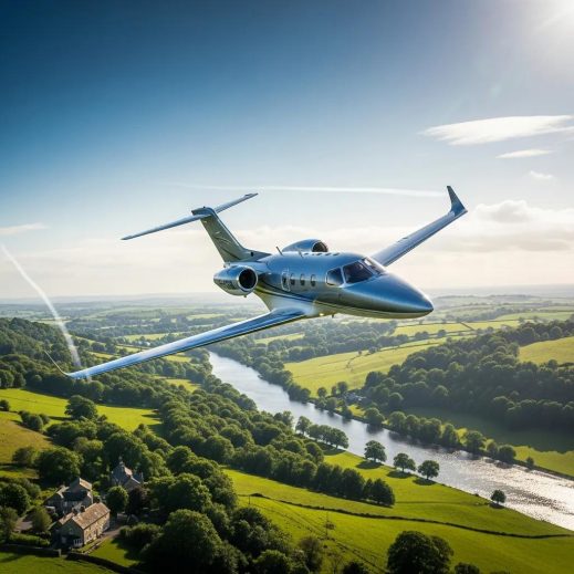 Charter-a ltd air taxi flying over the uk landscape, representing modern regional private flight services