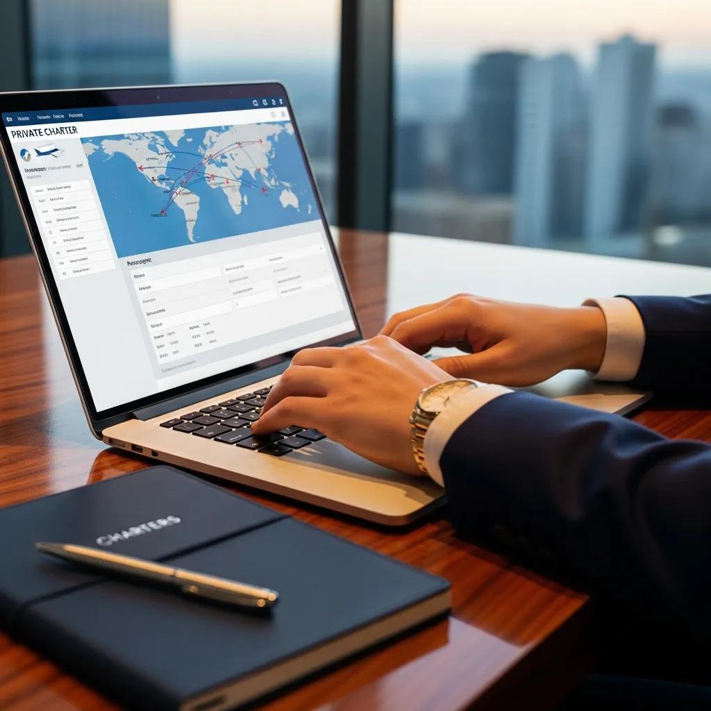 Charter-a ltd business professional booking a private jet charter online in a modern office