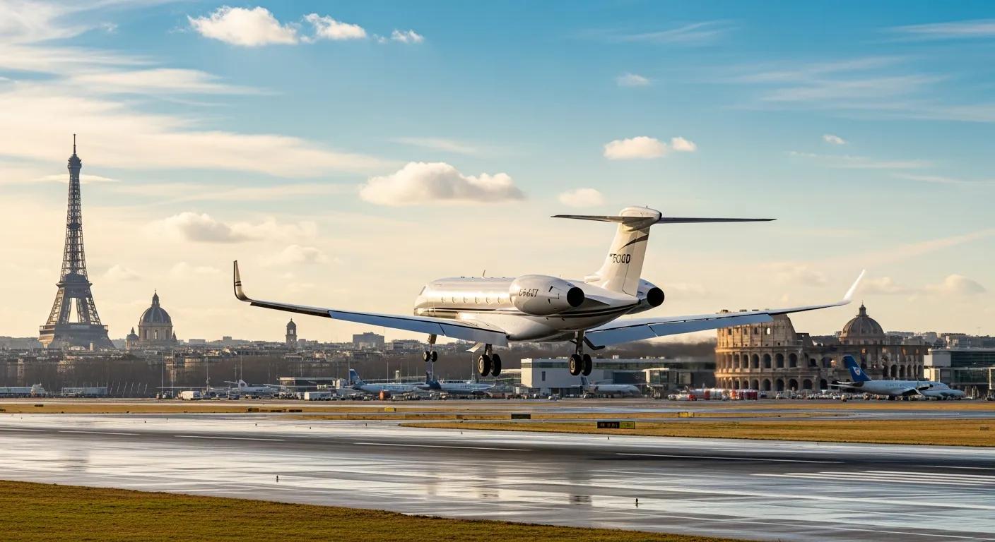 Charter-a ltd private jet arriving at a european airport with iconic landmarks