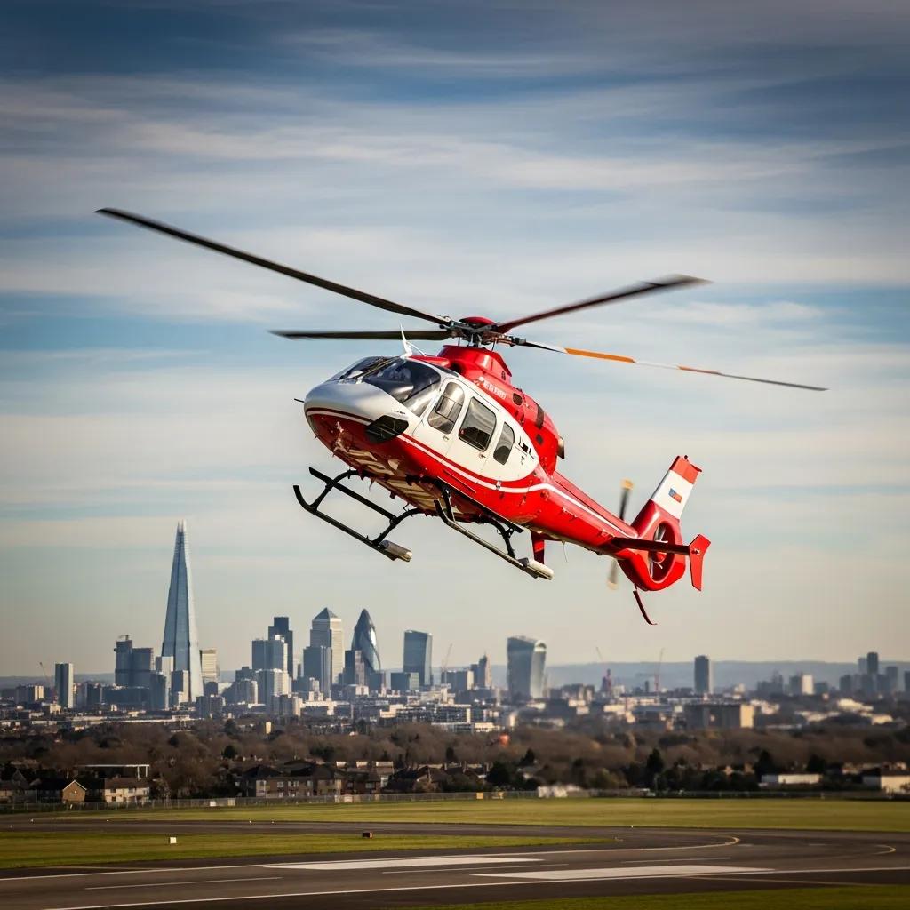 Charter-a ltd helicopter taking off from biggin hill airport towards london, illustrating urban mobility