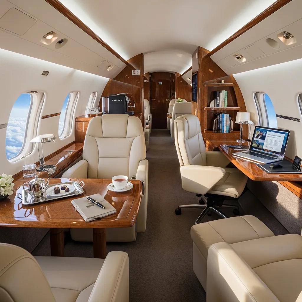 Charter-a ltd interior of a private jet cabin showcasing luxury and productivity for executives