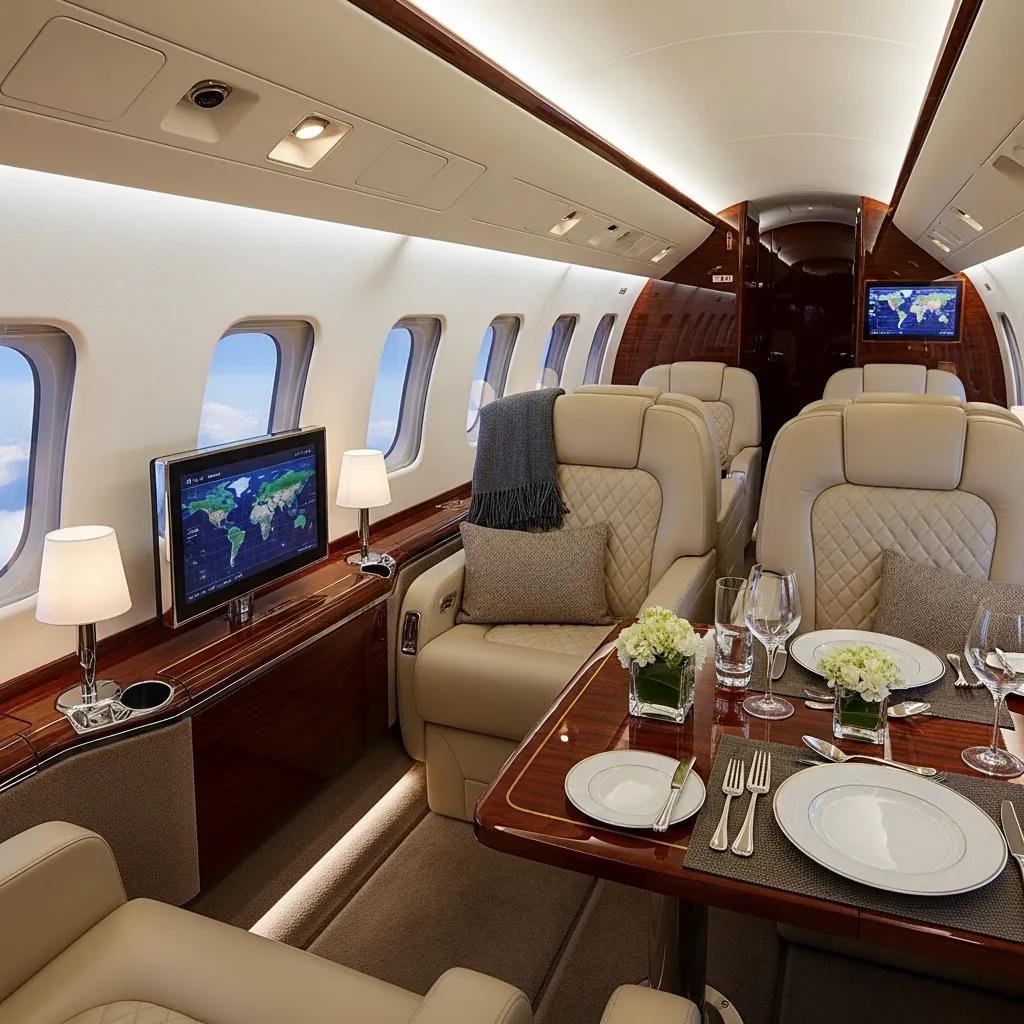 Charter-a ltd luxurious interior of a private jet, showcasing amenities for executive travel