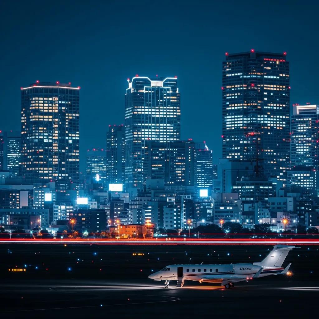 Charter-a ltd tokyo cityscape at night with a private jet at a small airport