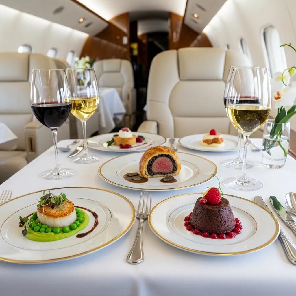 Charter-a ltd gourmet catering setup on a private jet highlighting luxury dining experience