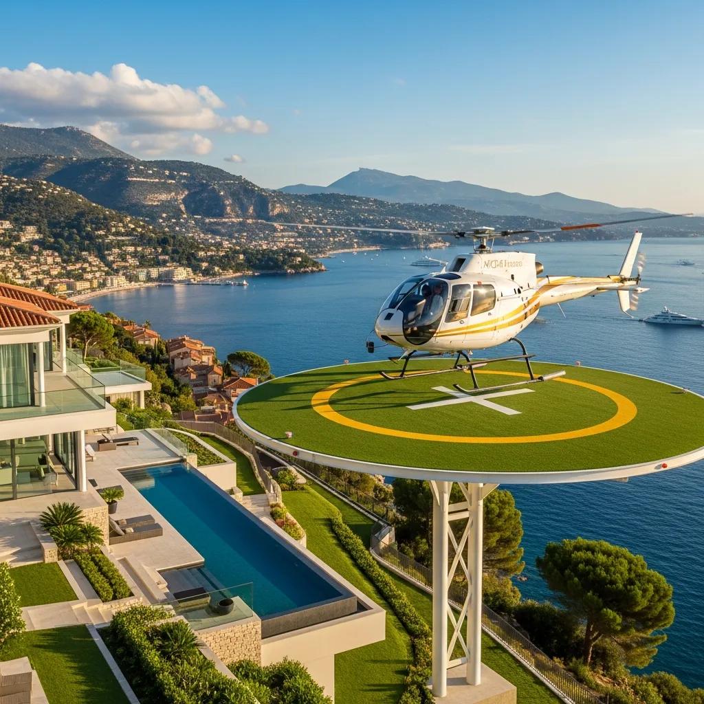 Charter-a ltd helicopter departing from a private helipad beside a luxury villa on the french riviera