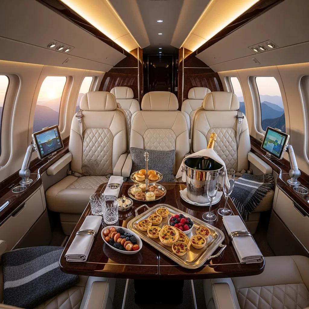 Charter-a ltd luxurious helicopter cabin interior showcasing spacious seating and gourmet catering