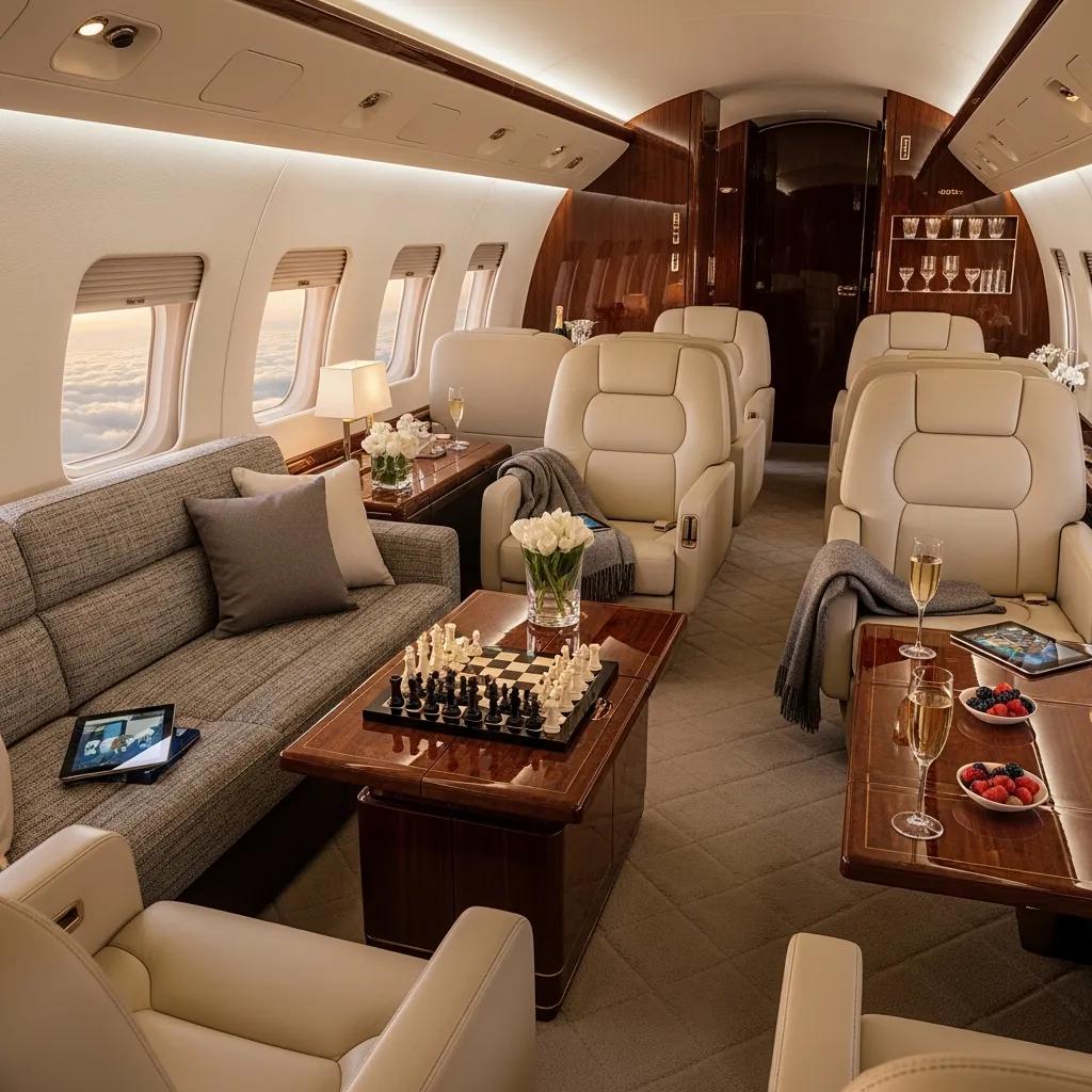 Charter-a ltd luxurious private jet cabin interior with leather seating and refined finishes