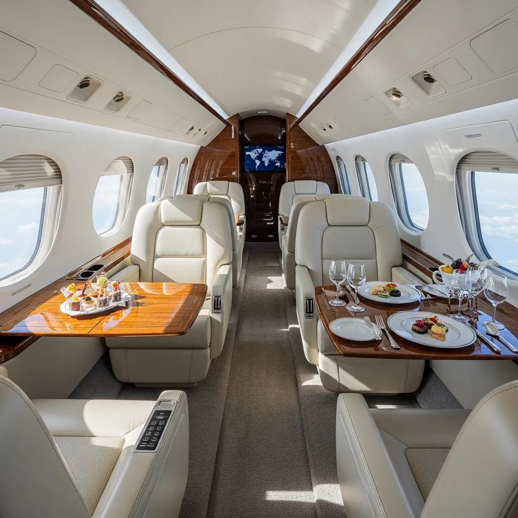 Charter-a ltd luxurious interior of gulfstream g650 jet, showcasing cabin amenities and comfort features
