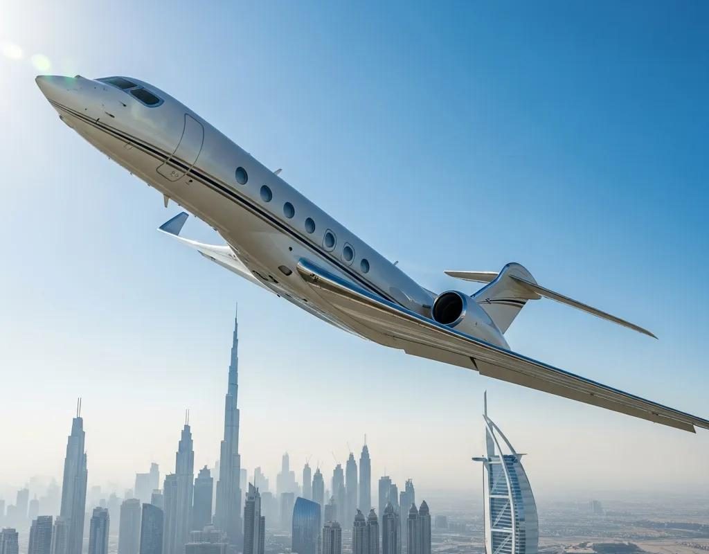 Luxury private jet flying from Dubai to London against a clear sky
