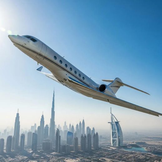 Charter-a ltd luxury private jet flying from dubai to london against a clear sky