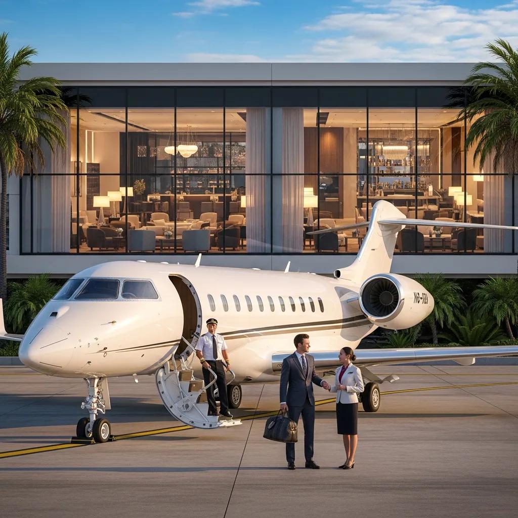 Charter-a ltd private jet on tarmac with luxurious airport lounge in background