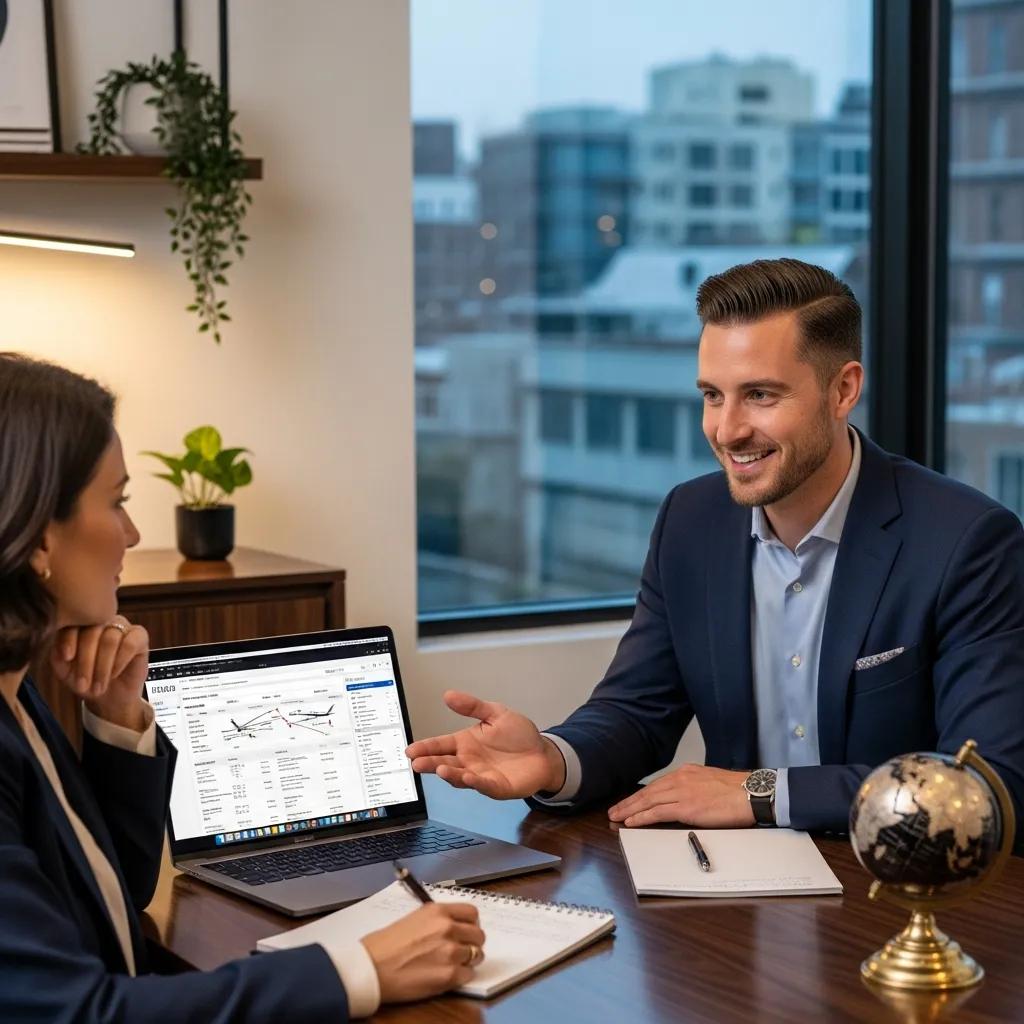 Charter-a ltd travel consultant assisting a client in booking a super midsize jet charter, emphasizing personalized service