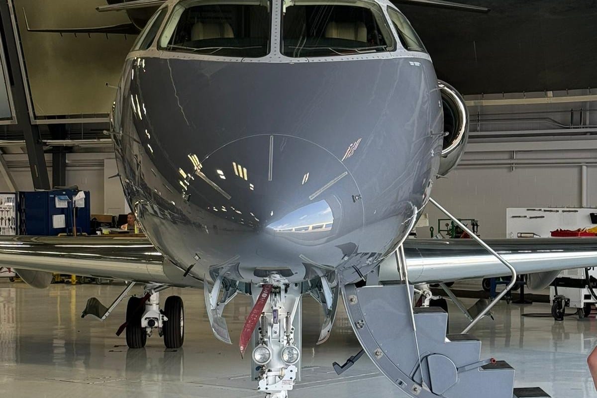 Front view of a Bombardier Challenger 3500 private jet, typical of the aircraft on this flight