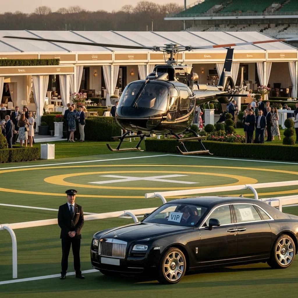 Illustration of a helicopter landing on a racecourse helipad with a chauffeur and a car waiting beside a hospitality marquee